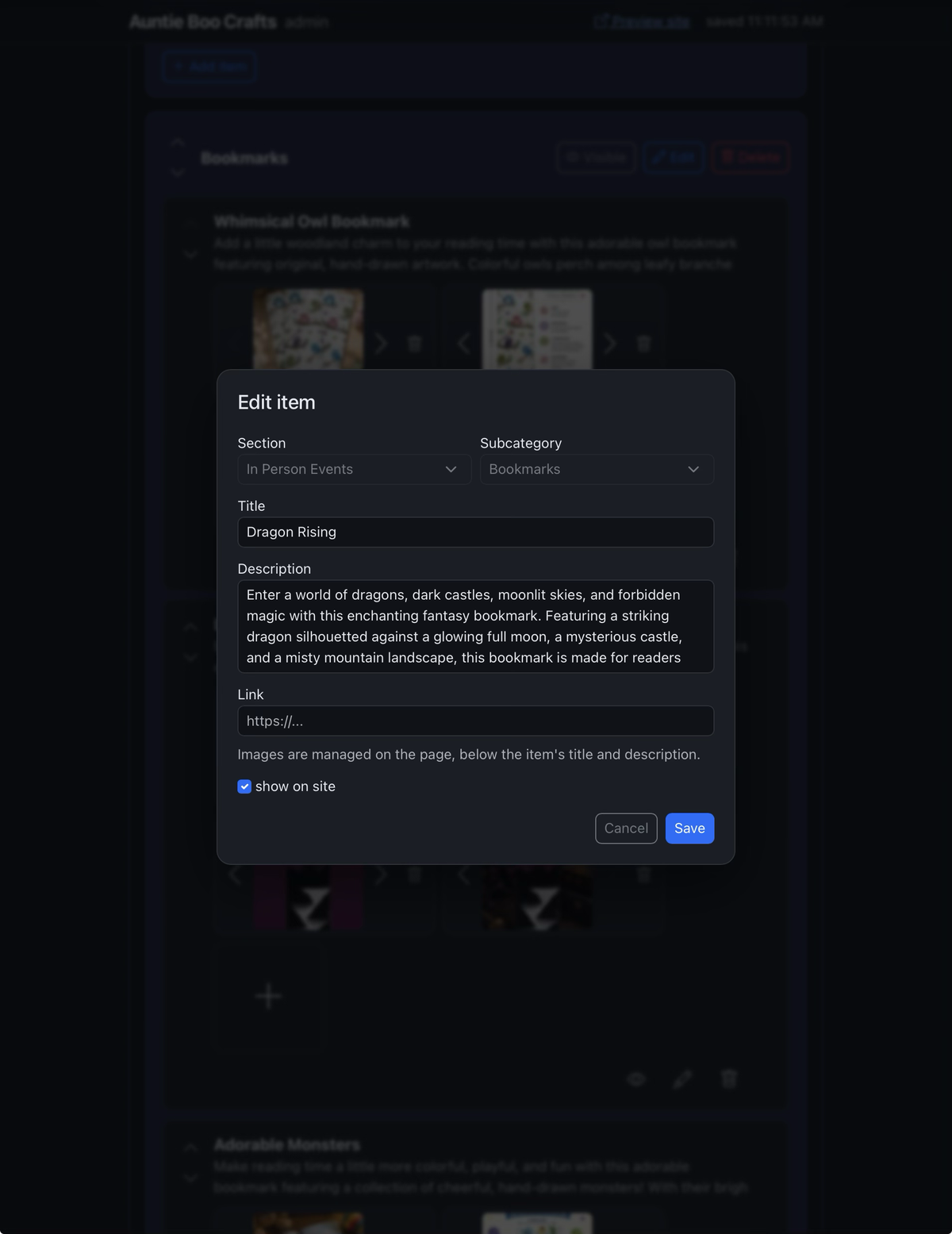 Auntie Boo Crafts admin — the edit item screen, with title, description, and link fields