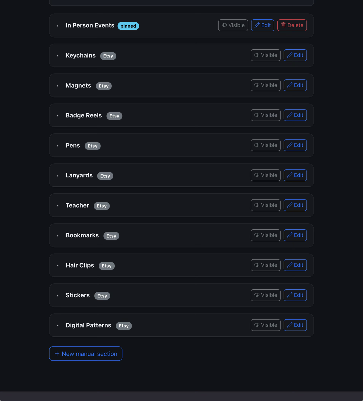 Auntie Boo Crafts admin — the section list, hand-added sections editable, Etsy sections read-only