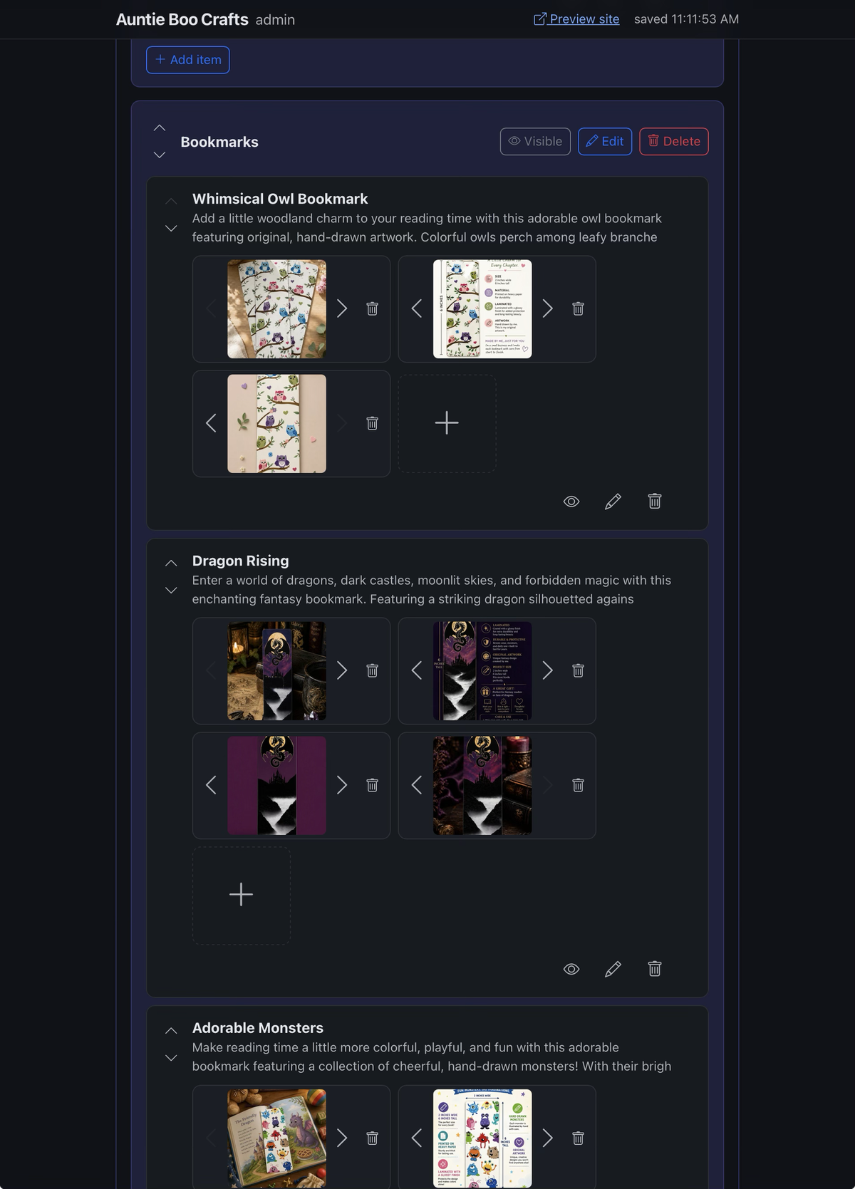 Auntie Boo Crafts admin — a section's items, each with its own photo carousel