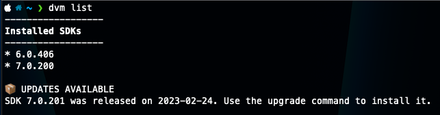dvm list — installed SDKs, with an available update flagged