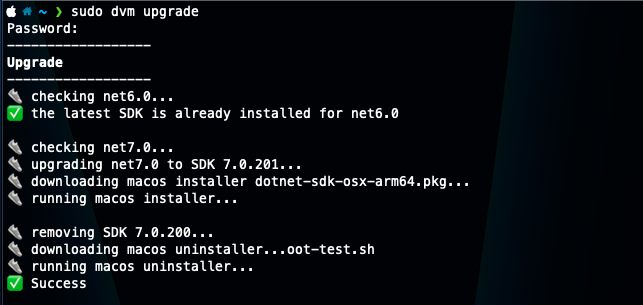 dvm upgrade — installing a newer SDK and removing the old one