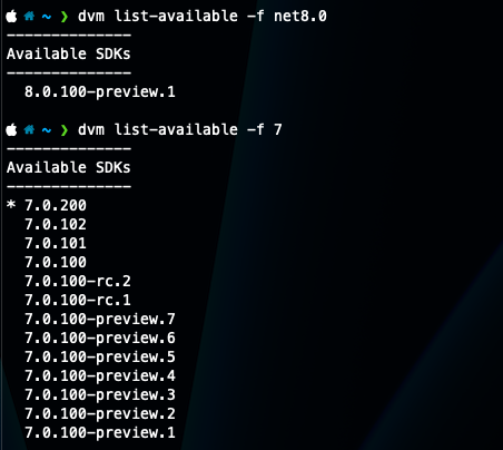 dvm list-available — every published SDK for a framework, installed ones marked