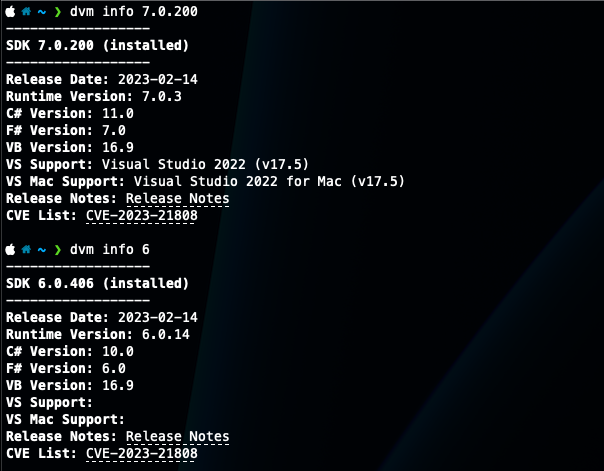 dvm info — release date, runtime version, compiler versions, CVEs