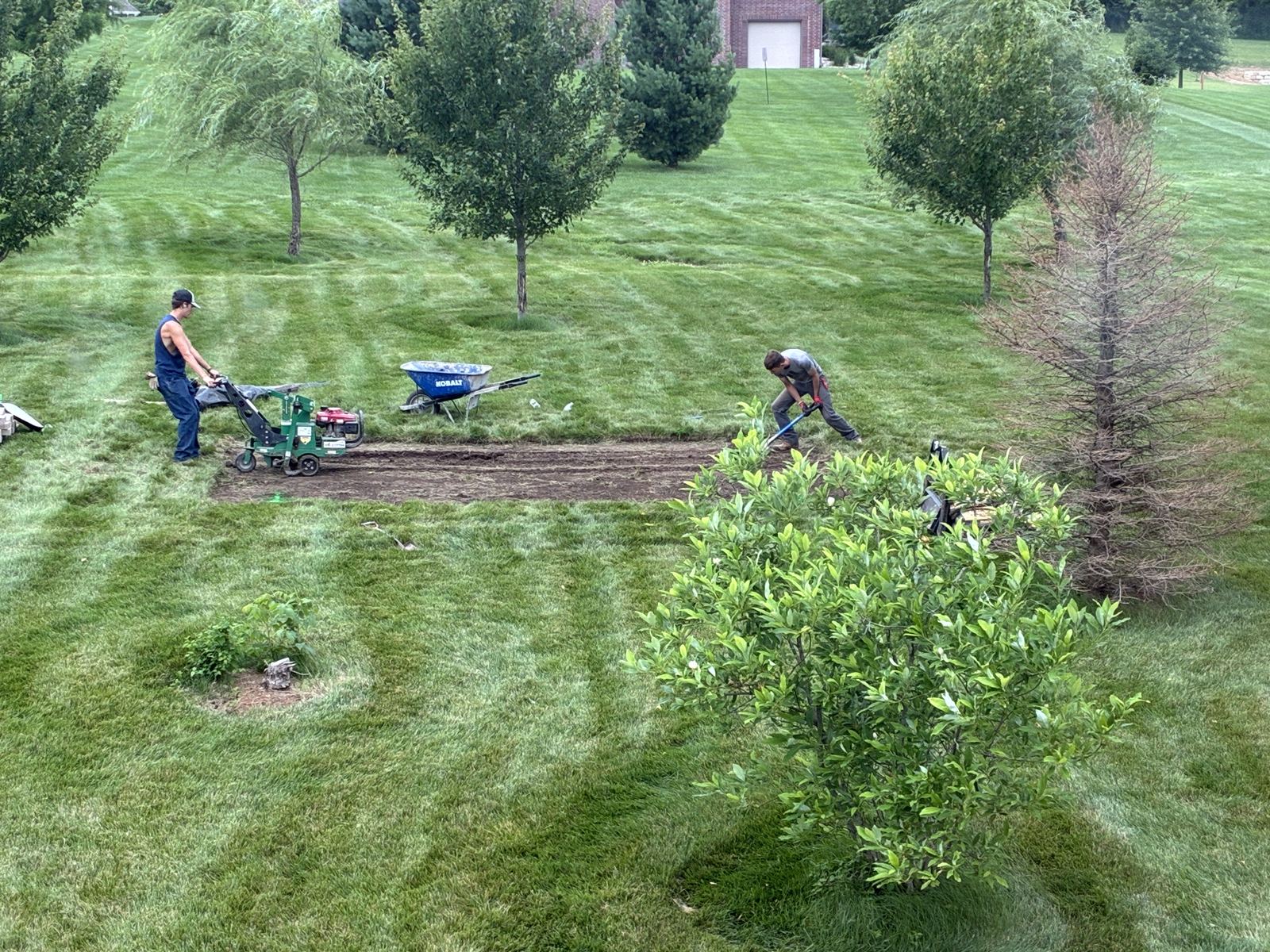 Raised Vegetable Garden — landscaping crew cutting sod for the bed footprint