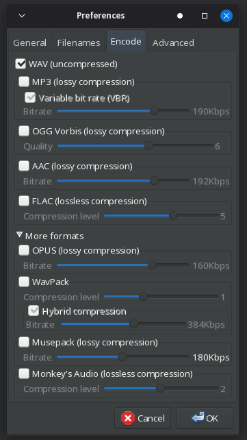Asunder's encode preferences, with WAV (uncompressed) selected and every compressed format unchecked