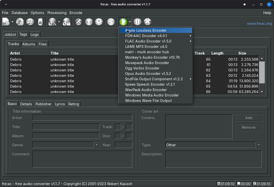 fre:ac ripping the Anonymity CD, with the Apple Lossless Encoder selected from the format menu