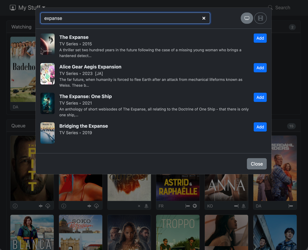 Watch Board — searching TMDB to add a title
